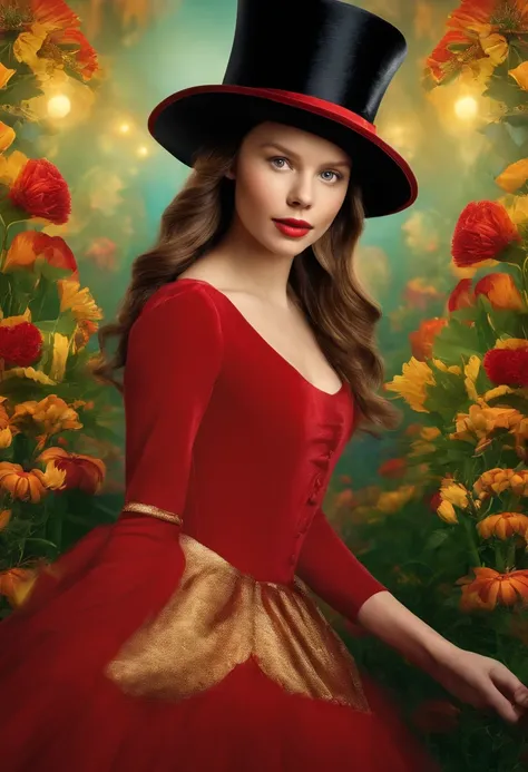 Mia Goth，Brown hair，Red dress with long sleeves，With a top hat，Dancing，bright，Happy，Colorful，Scarecrow in the background，The audience is an animal，Masterpiece，Best quality，filmposter