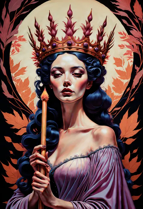 chiaroscuro technique on sensual illustration of an queen of wands, vintage queen, eerie, matte painting, by Hannah Dale, by Harumi Hironaka, extremely soft colors, hint of pastel, vibrant, highly detailed, digital artwork, high contrast, dramatic, refined...