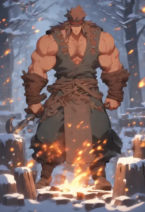 (((blacksmith man))) best quality, very high resolution, 4K detailed CG, masterpiece,Svarog,spark,slavic mythology,forest,aesthetics,snow,forest, beautiful image, centered on screen, full body