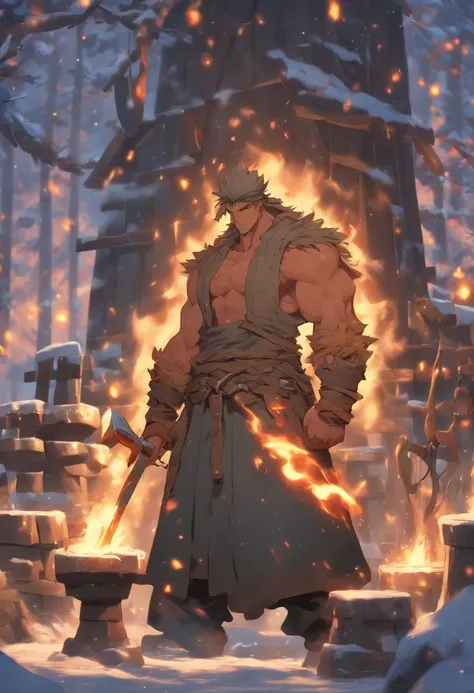 (((blacksmith man))) best quality, very high resolution, 4K detailed CG, masterpiece,Svarog,spark,slavic mythology,forest,aesthetics,snow,forest, beautiful image, centered on screen, full body