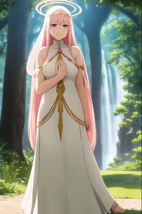 Zero Two, dress, sun halo, holy, smile, medium breast, priestess, full body, walking, divine aura, sun halo, solar halo, long skirt, porcelain skin, ethereal, graceful movement, flowing golden hair, radiant beauty, enchanting gaze, serene expression, soft ...