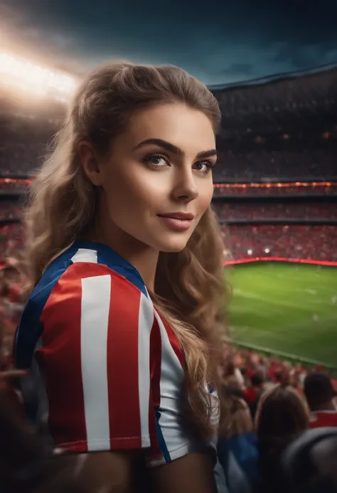 A girl standing in a crowded football stadium, beautiful detailed eyes, and face, wearing a trendy outfit, cheering for the teams, surrounded by enthusiastic fans. The stadium is filled with vibrant colors and sharp focus, creating an energetic atmosphere....