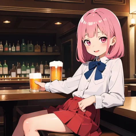 (masterpiece, best quality), (closeup), 2girls, petite, loli, child, schoool uniform, sitting in a bar, drinking beer, ln a bar, drunk, blush, laugh, dark, vibrant colors, watercolor