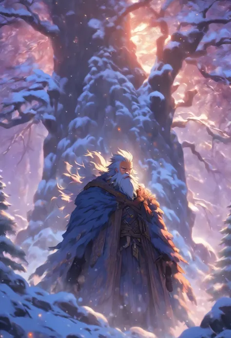 (((old man)) best quality, very high resolution, 4K detailed CG, masterpiece,Stribo,fcloud,sky, Slavic mythology, forest, aesthetic,snow,forest, beautiful image, centered on screen, full body