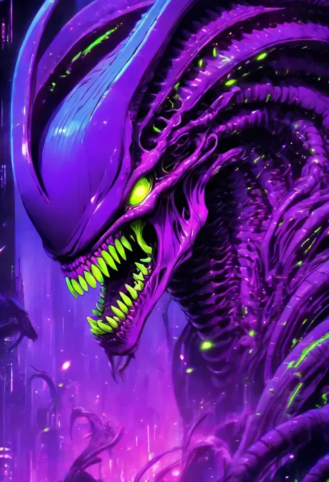 super xenomorph beast purple and lime green, xenomorph skull face teeth screaming, sf, intricate artwork masterpiece, ominous, matte painting movie poster, golden ratio, trending on cgsociety, intricate, epic, trending on artstation, by artgerm, h. r. gige...