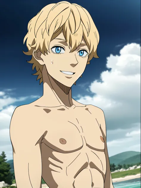 masterpiece, best quality, high quality, 1boy, solo, male focus, looking at viewer, view from front, upper body, lemiel_silvamillion_clover, blue eyes, blonde hair, upper body, slim body, (shirtless, topless, bare chest), smile, shower, river