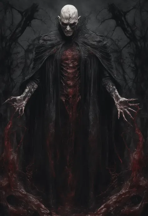 elder vampire, exposed bones and muscle tissues, glowing eyes, sexy muscular, emerging from a bloody cocoon, drenched in blood, midnight aura