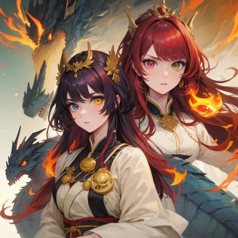 Dragon-Girl, 8-bit, deep red hair, big hair, portrait, serious face, heterochromia, one yellow eye, Queen of Dragons, Dynasty of fire