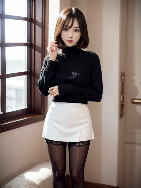 Charming beauties、black pantyhose、White sweater、Black tight skirt、beauty legs、Dyed in darkness、lacy fabric