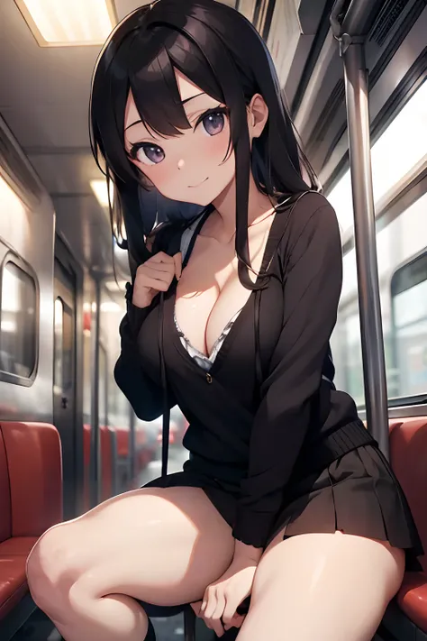 爆乳、A dark-haired、Troubled smile、Twin-tailed、train、cleavage of the breast、Erotic sweater、thighs thighs thighs thighs、Black skirt