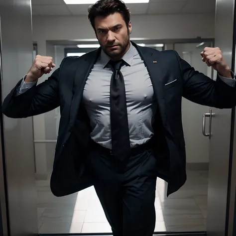 Wolverine muscled hairy wear a suit with a tie and a jacket with huge torso , huge pecs , huge arms ,  full body