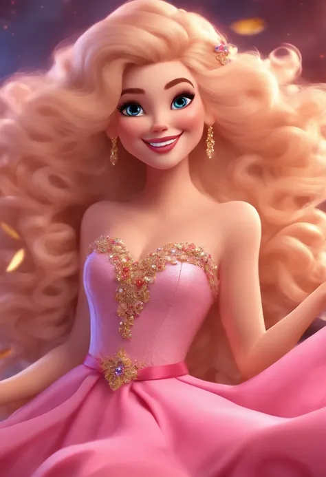 princesa de cabelos longos cor de rosa, sorriso exuberante, vestido cheio de pedras preciosas, imagem em 3D, tipo desenho animado, estilo cartoon