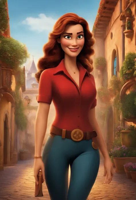 Movie poster of a Disney animation, com uma mulher de cabelo curto e vermelho, sentada na frente de um computador, com um sorriso do mal, dentro do seu quarto, em uma noitre chuvosa, The name of the film is "Raluca"