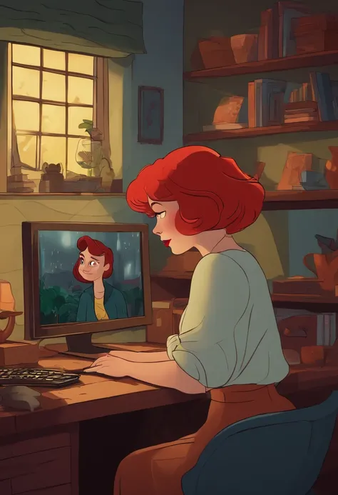 Film poster for a Disney animation, with a woman with short red hair, sitting in front of a computer, with an evil smile, inside her room, on a rainy night, the name of the film is "Raluca"