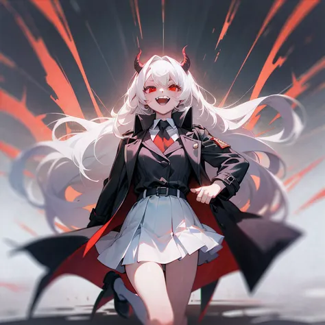 A girl, demon, white hair, long hair, dark red eyes, surrounded by the battlefield, wearing a long black trench coat, wearing a white skirt, hair fluttering in the wind, trench coat fluttering in the wind, full body like, laughing, fangs, Q version