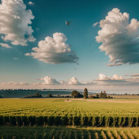 Vogelscheuche auf dem Feld, Panoramic, realista, photographic, detalhado,  estilo salvador dali, 8K