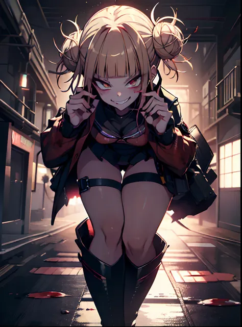 (best quality,highres,masterpiece:1.2),ultra-detailed,realistic,sexy,himiko toga,blood-red background,vibrant colors,soft lighting,flowing hair,fierce expression,leather outfit,alluring pose,fangs,blood splatters,sharp claws,mischievous eyes,playful smirk,...