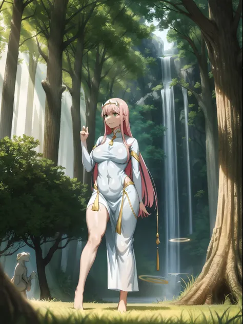 Zero Two, dress, sun halo, holy, smile, medium breast, priestess, full body, walking, divine aura, sun halo, solar halo, long skirt, porcelain skin, ethereal, graceful movement, flowing golden hair, radiant beauty, enchanting gaze, serene expression, soft ...