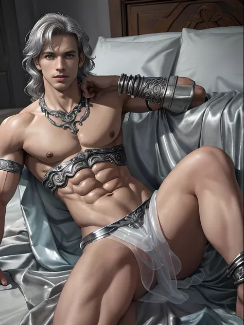 extremely handsome young man, 18 years old, slightly muscular, short blond wavy hair, his lithe body barely covered with shimmering navy and white transparent cloths, exposed chest, exposed legs, chunky silver and turquoise statement necklace, silver armba...