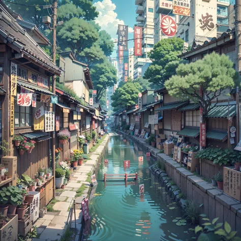 urban Japanese street next to stream of water, traditional Japanese lantern, (no one: 1), no one in sight, no people, best quality, anime, anime style, lofi, calm, row of building next to river, urban Japanese street next to stream of water, traditional Ja...