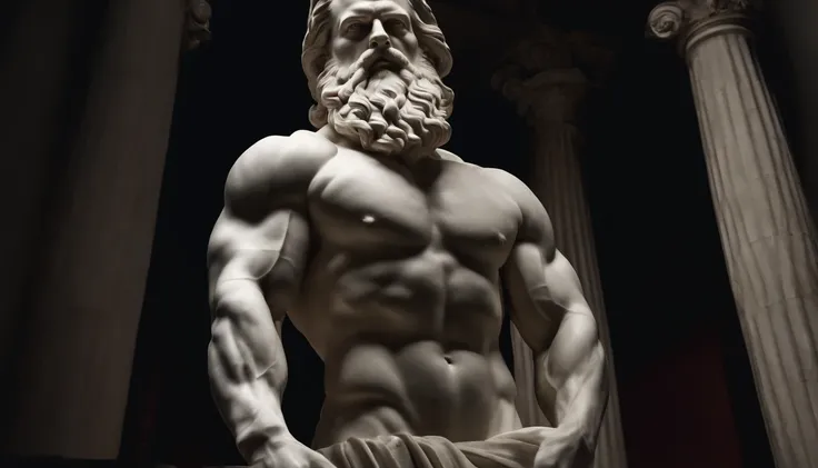 A white marble statue of a muscle, Bearded man with a stern look in a dark square at night, in the style of photographers Annie Leibovitz and Peter Lindbergh.