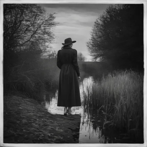 black and white photo of a woman standing in the reeds near the marsh, wearing a long light-gray coat, full-length portrait with a suitcase in her hands, in the spirit of the thriller of the 50s, winner of photo contest, editorial photo