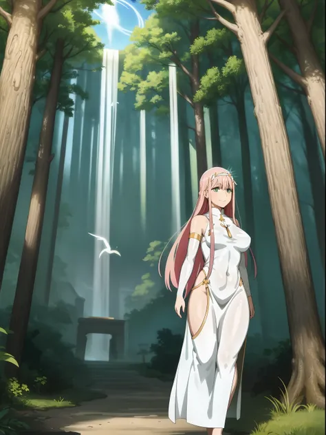 Zero Two, dress, sun halo, holy, smile, medium breast, priestess, full body, walking, divine aura, sun halo, solar halo, long skirt, porcelain skin, ethereal, graceful movement, flowing golden hair, radiant beauty, enchanting gaze, serene expression, soft ...