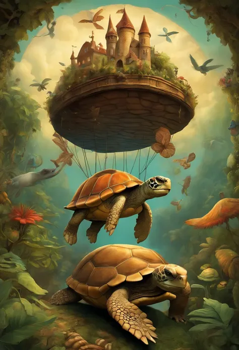 Illustrate a whimsical, storybook-style scene where a young boy in a top hat soars through the sky atop a colossal turtle, accompanied by a menagerie of fantastical creatures, reminiscent of classic childrens book illustrations