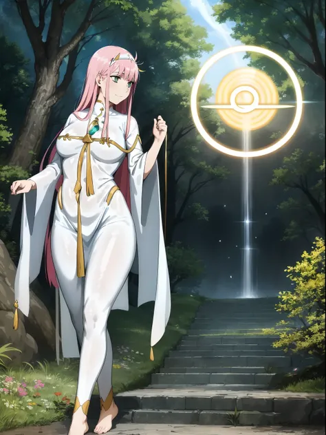 Zero Two, dress, sun halo, holy, smile, medium breast, priestess, full body, walking, divine aura, sun halo, solar halo, long skirt, porcelain skin, ethereal, graceful movement, flowing golden hair, radiant beauty, enchanting gaze, serene expression, soft ...