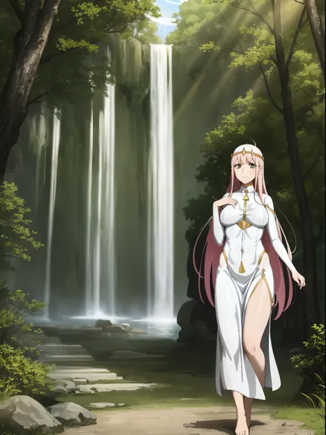 Zero Two, dress, sun halo, holy, smile, medium breast, priestess, full body, walking, divine aura, sun halo, solar halo, long skirt, porcelain skin, ethereal, graceful movement, flowing golden hair, radiant beauty, enchanting gaze, serene expression, soft ...