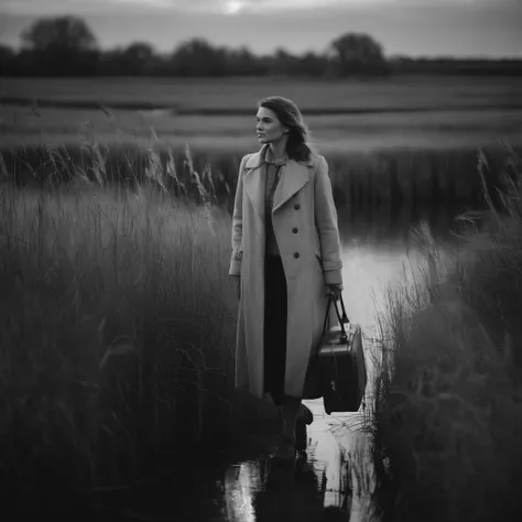 black and white photo of a woman standing in the reeds near the marsh, wearing a long light-gray coat, full-length portrait with a suitcase in her hands, in the spirit of the thriller of the 50s, winner of photo contest, editorial photo