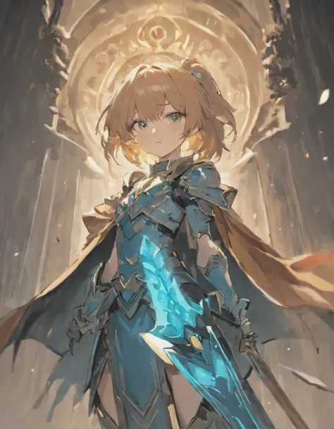 Create an anime-style character with light blue armor, a sword in the right hand, a shield in the left hand, light brown skin, a black cape, and show their face.