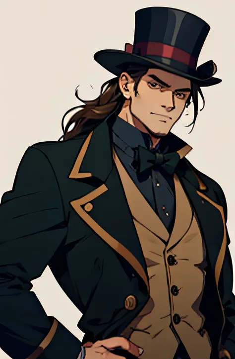 middle-aged man, brown hair, top hat, coat, noble, anime