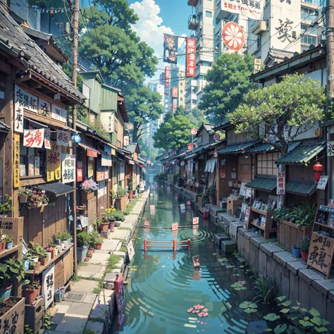 urban Japanese street next to stream of water, traditional Japanese lantern, (no one: 1), no one in sight, no people, best quality, anime, anime style, lofi, calm, row of building next to river, urban Japanese street next to stream of water, traditional Ja...