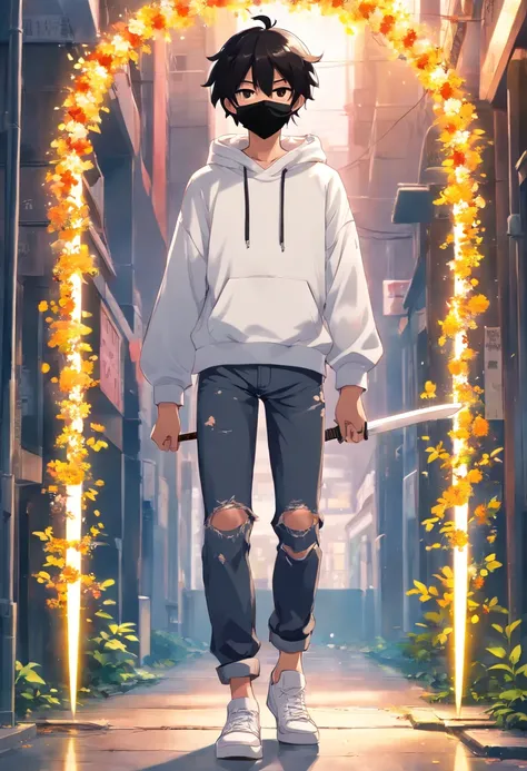 Anime Boy with black hair, black face mask, black pupils, white hoodie, black ripped denim jeans, white shoes, has a katana, has a wreath on his head