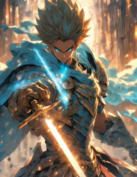 Create an anime-style character with light blue armor,holding sword in the right hand, holding a shield in the left hand, light brown skin, a black cape, and show their face.