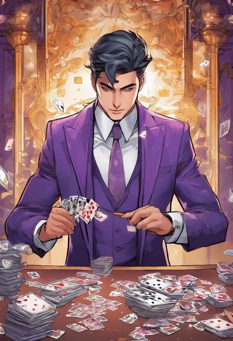 a man in a purple suit holding scissors, attractive magic man, playing cards, character, anime image, white mask,full art, official character art, official character illustration