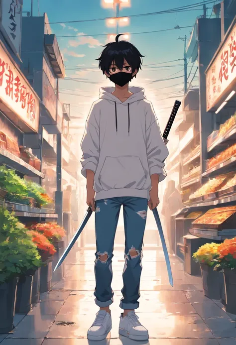 Anime Boy with black hair, black face mask, black pupils, white hoodie, BLACK ripped denim jeans, white shoes, has a katana, has a wreath on his head