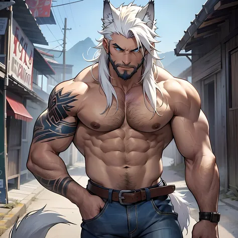 Muscular shirtless male wearing just a pair of torn jeans, has long white hair, has wolf ears, has light beard stubble, has wolf tail, solo, alone, (SOLO)(ALONE) shirtless, no shirt, (SHIRTLESS)(NO SHIRT), flexing, mystic backround, covered in tribal tatto...