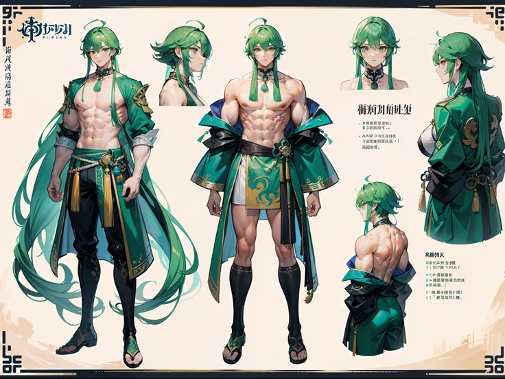 ((Masterpiece, Highest quality)), Detailed face, character design sheet， full bodyesbian, Full of details, frontal body view, back body view, Highly detailed, Depth, Many parts, Muscle boy with long green hair with long bangs，handsome man, muscle body, Tra...