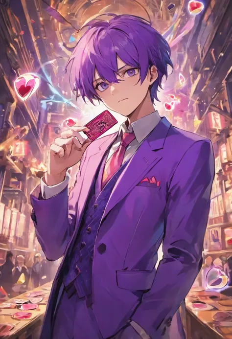 a man in a purple suit holding scissors, attractive magic man, playing cards, character, anime image, white mask,full art, official character art, official character illustration