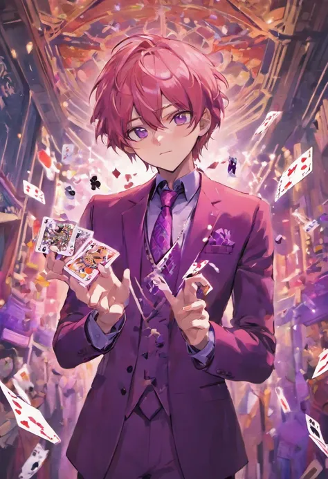 a man in a purple suit holding scissors, attractive magic man, playing cards, character, anime image, white mask,full art, official character art, official character illustration