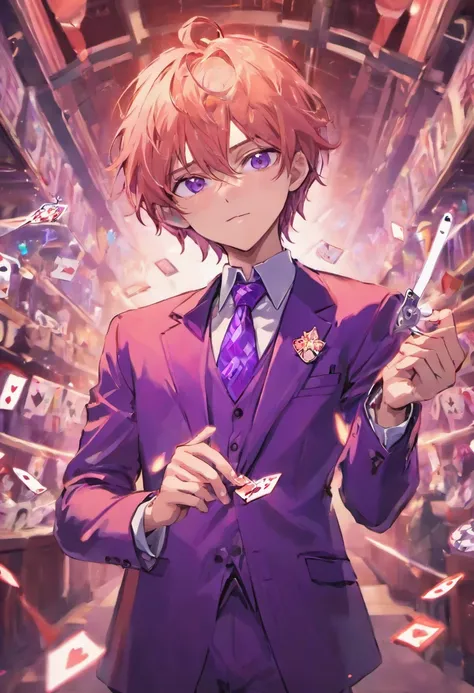 a man in a purple suit holding scissors, attractive magic man, playing cards, character, anime image, white mask,full art, official character art, official character illustration