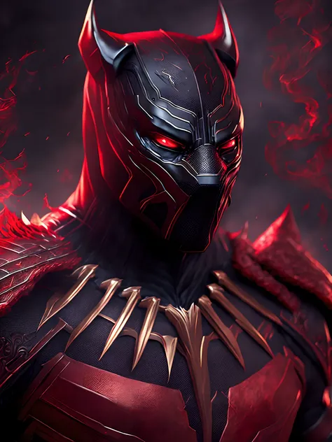 Close-up ( Black-panther wearing a red devil costume from Marvel th in Goth style: 1.3) emerging from the devils castle, extremely detailed, smoke, sparks, metal shavings, flying debris, volumetric light