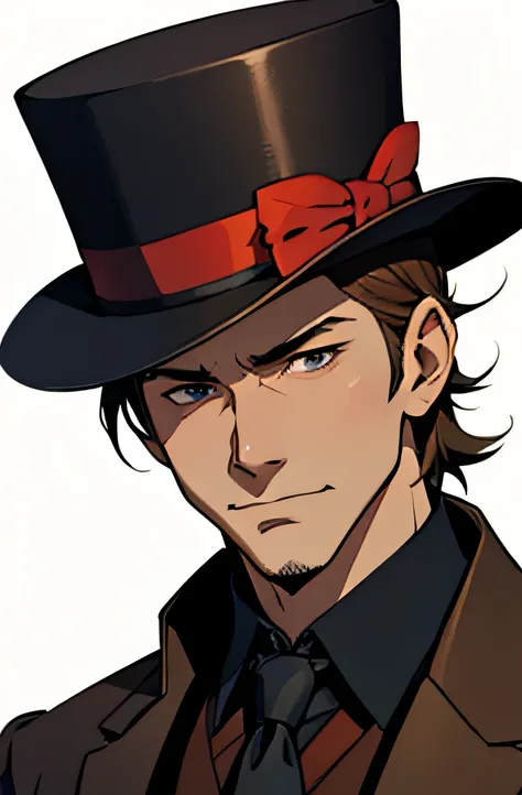 middle-aged man, short brown hair, top hat, coat, noble, anime, korean art style