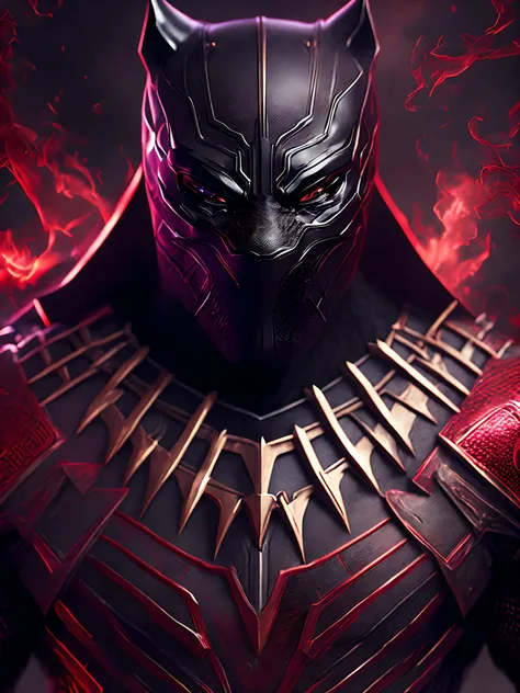 Close-up ( Black-panther wearing a red devil costume from Marvel th in Goth style: 1.3) emerging from the devils castle, extremely detailed, smoke, sparks, metal shavings, flying debris, volumetric light