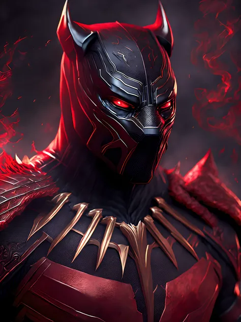 Close-up ( Black-panther wearing a red devil costume from Marvel th in Goth style: 1.3) emerging from the devils castle, extremely detailed, smoke, sparks, metal shavings, flying debris, volumetric light