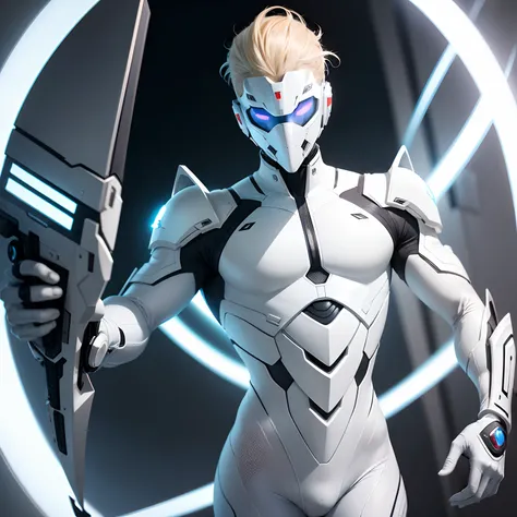 (futuristic, sci fi)Male in all white body suit, blonde hair, white glove, full body suit, hands visible, hair visible, pale skin, beautiful face, masterpiece, white futuristic mask covering mouth, eyes visible, evil, weapon in hand, weapon visible