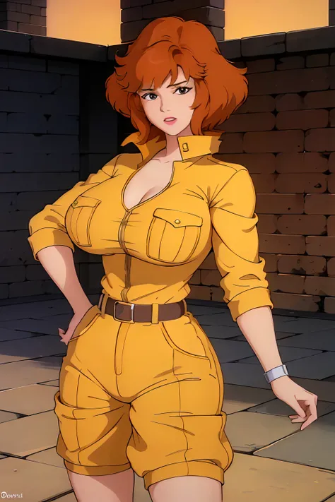Cowboy shot, April ONeill, 1980s (style of), 1girl, Muscular girl, brown hair, orange hair, retro artstyle, Short hair, 独奏, Yellow jumper suit, Hip jumper suit, Huge_TITTIES, big biceps, cleavage