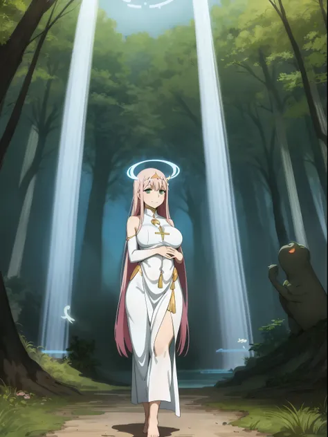 Zero Two, dress, sun halo, holy, smile, medium breast, priestess, full body, walking, divine aura, sun halo, solar halo, long skirt, porcelain skin, ethereal, graceful movement, flowing golden hair, radiant beauty, enchanting gaze, serene expression, soft ...